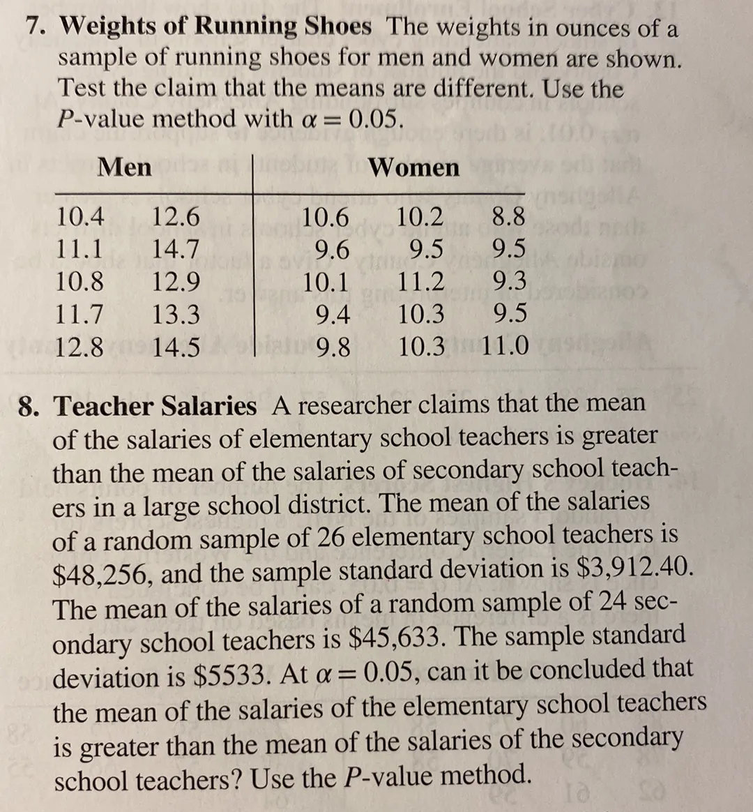 7. Weights of Running Shoes The weights in ounces of a sample of running shoes for men and women are shown. Test the claim that the means are different. Use the ( P )-value method with ( alpha=0.05 ).
egintabularll|rrr
multicolumn2c| Men      multicolumn3|c Women  hline ( 10.4 )     ( 12.6 )     ( 10.6 )     ( 10.2 )     ( 8.8 ) ( 11.1 )     ( 14.7 )     ( 9.6 )     ( 9.5 )     ( 9.5 ) ( 10.8 )     ( 12.9 )     ( 10.1 )     ( 11.2 )     ( 9.3 ) ( 11.7 )     ( 13.3 )     ( 9.4 )     ( 10.3 )     ( 9.5 ) ( 12.8 )     ( 14.5 )     ( 9.8 )     ( 10.3 )     ( 11.0 )
endtabular
8. Teacher Salaries A researcher claims that the mean of the salaries of elementary school teachers is greater than the mean of the salaries of secondary school teachers in a large school district. The mean of the salaries of a random sample of 26 elementary school teachers is ( 48,256 ), and the sample standard deviation is ( 3,912.40 ). The mean of the salaries of a random sample of ( 24 mathrmsec- ) ondary school teachers is ( 45,633 ). The sample standard deviation is ( 5533 ). At ( alpha=0.05 ), can it be concluded that the mean of the salaries of the elementary school teachers is greater than the mean of the salaries of the secondary school teachers? Use the ( P )-value method.