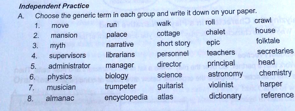 choose the generic term in each group and write it down on your paper1 ...