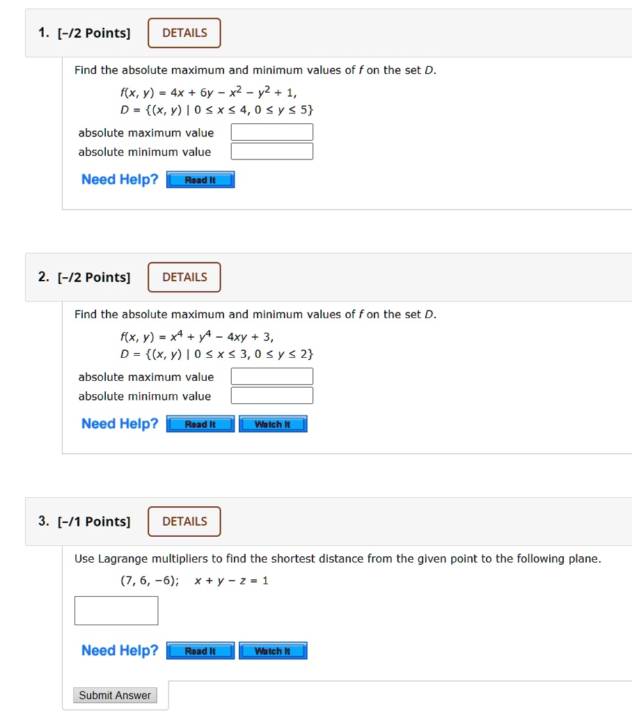 Solved 2 Points Details Find The Absolute Maximum And Minimum Values Of F On The Set F X Y 4x 6y X2 Y2 1 D X Y
