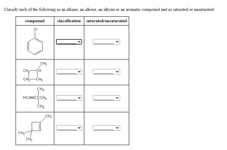 SOLVED Classify each of the following as an alkane, alkene, alkyne, or