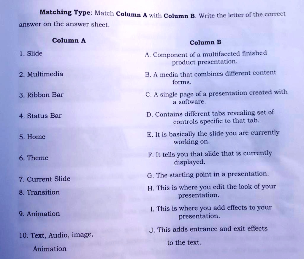 Matching Type: Match Column A with Column B. Write the letter of the ...