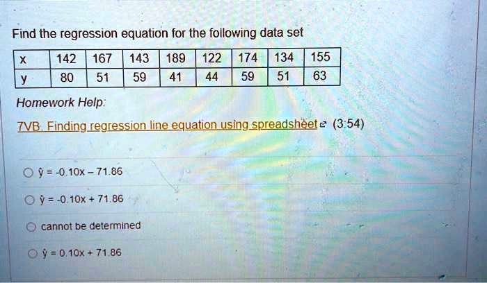 find the regression equation for the following data set 142 167 143 189 ...