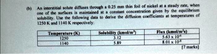 (b) An interstitial solute diffuses through a 0.25 mm thin foil of nickel at a steady rate, when one of the surfaces is maintained at a constant concentration given by the equilibrium solubility. Use the following data to derive the diffusion coefficients at temperatures of 1250 K and 1140 K respectively:

Temperature (K) | Solubility (kmol/m3) | Flux (kmol/m2s)
1250 | 3.12 | 5.63 x 10??
1140 | 5.89 | 8.01 x 10??