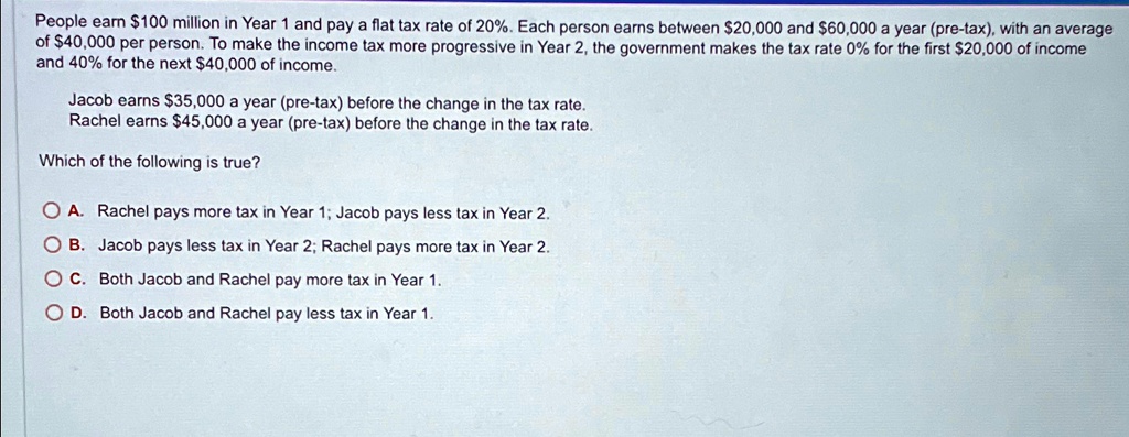 People earn 100 million in Year 1 and pay a flat tax rate of 20%. Each person earns between $20,000 and $60,000 a year (pre-tax), with an average of $40,000 per person. To make the income tax more progressive in Year 2, the government makes the tax rate 0% for the first $20,000 of income and 40% for the next $40,000 of income.
Jacob earns35,000 a year (pre-tax) before the change in the tax rate.
Rachel earns 45,000 a year (pre-tax) before the change in the tax rate.
Which of the following is true?
A. Rachel pays more tax in Year 1; Jacob pays less tax in Year 2.
B. Jacob pays less tax in Year 2; Rachel pays more tax in Year 2.
C. Both Jacob and Rachel pay more tax in Year 1.
D. Both Jacob and Rachel pay less tax in Year 1.