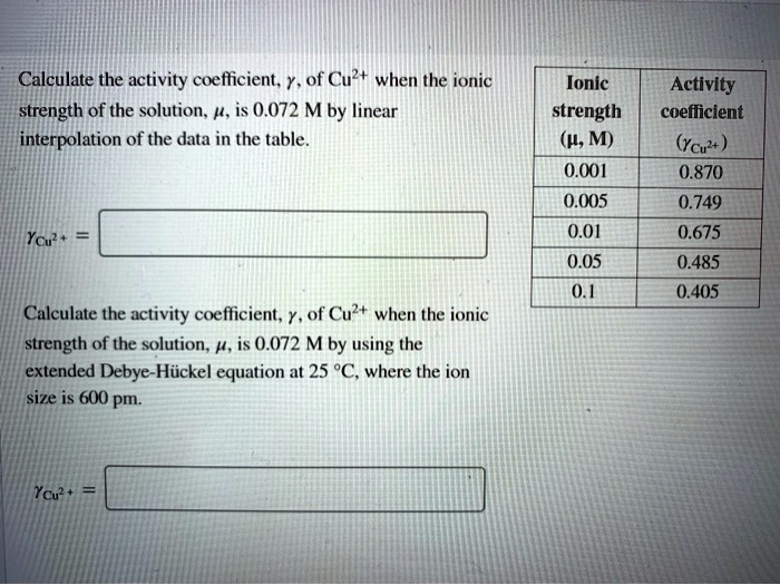 Calculate the activity coefficient Y of Cu+ when the ionic strength of ...