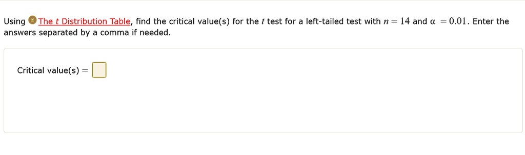 Using The t Distribution Table, find the critical value(s) for the t test for a left-tailed test with n = 14 and ?? = 0.01. Enter the answers separated by a comma if needed. Critical value(s) =