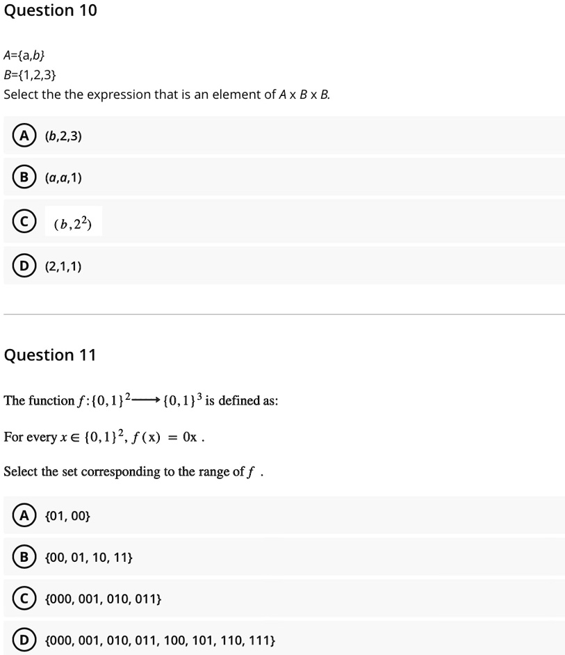 SOLVED: Question 10 A=a,b B=1,2,3 Select The Expression That Is An ...