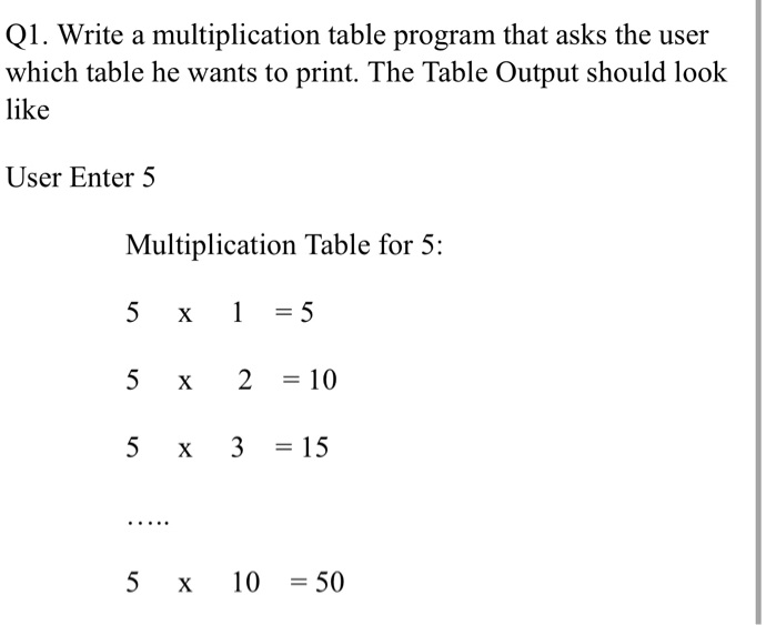 SOLVED: python programming help Ql. Write a multiplication table ...