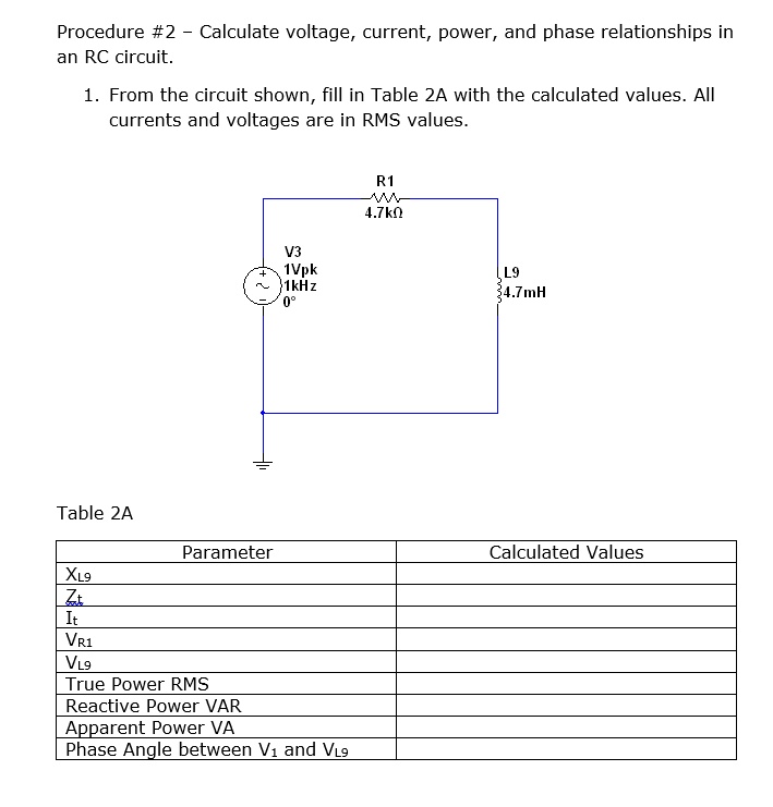 SOLVED Procedure 2 Calculate voltage, current, power, and phase