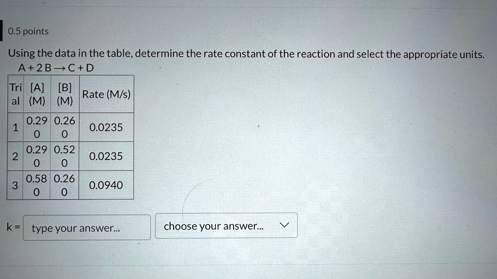 0.5 points Using the data in the table,determine the rate constant of ...