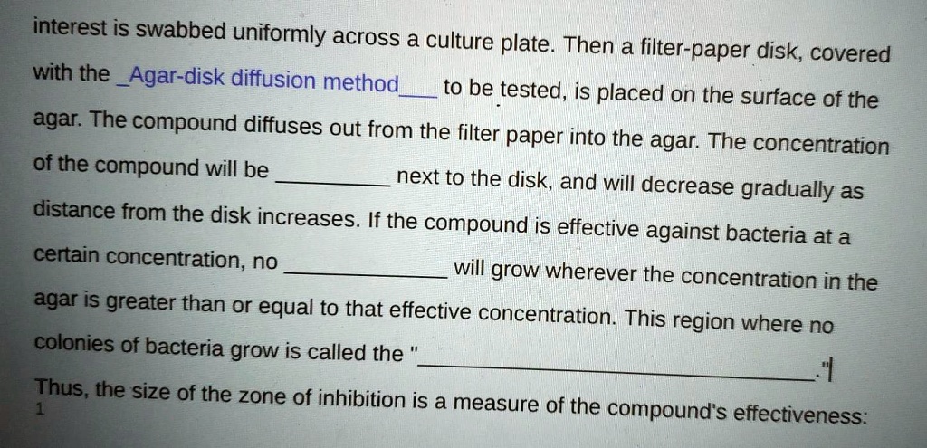 Filter Paper Disc Diffusion Method SOLVED:interest is swabbed uniformly across a culture plate. Then ...
