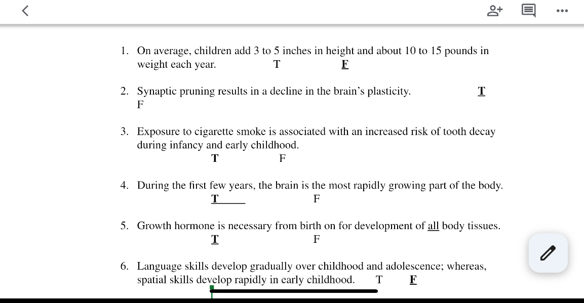 1. On average, children add 3 to 5 inches in height and about 10 to 15 pounds in weight each year. T F

2. Synaptic pruning results in a decline in the brain's plasticity. T F

3. Exposure to cigarette smoke is associated with an increased risk of tooth decay during infancy and early childhood. T F

4. During the first few years, the brain is the most rapidly growing part of the body. T F

5. Growth hormone is necessary from birth on for development of all body tissues. T F

6. Language skills develop gradually over childhood and adolescence; whereas, spatial skills develop rapidly in early childhood. T F