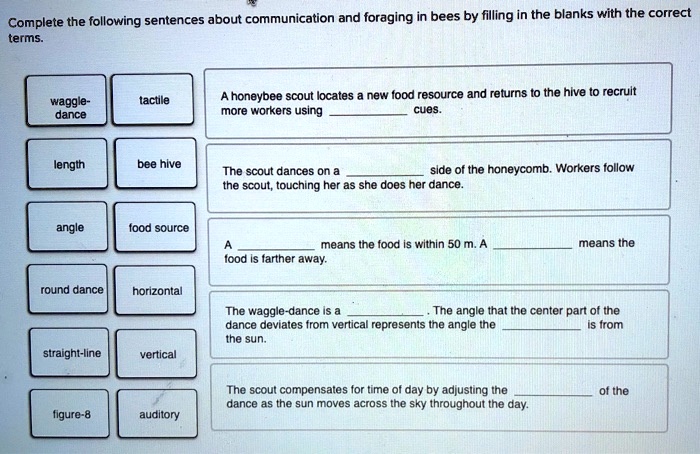 Complete the following sentences about communication and foraging in bees by filling in the blanks with the correct terms.

waggle-dance
tactile
length
bee hive
angle
food source
round dance
horizontal
straight-line
vertical
figure-8
auditory

A honeybee scout locates a new food resource and returns to the hive to recruit more workers using  cues.

The scout dances on a  side of the honeycomb. Workers follow the scout, touching her as she does her dance.

A  means the food is within 50 m. A  means the food is farther away.

The waggle-dance is a . The angle that the center part of the dance deviates from vertical represents the angle the  is from the sun.

The scout compensates for time of day by adjusting the  of the dance as the sun moves across the sky throughout the day.
