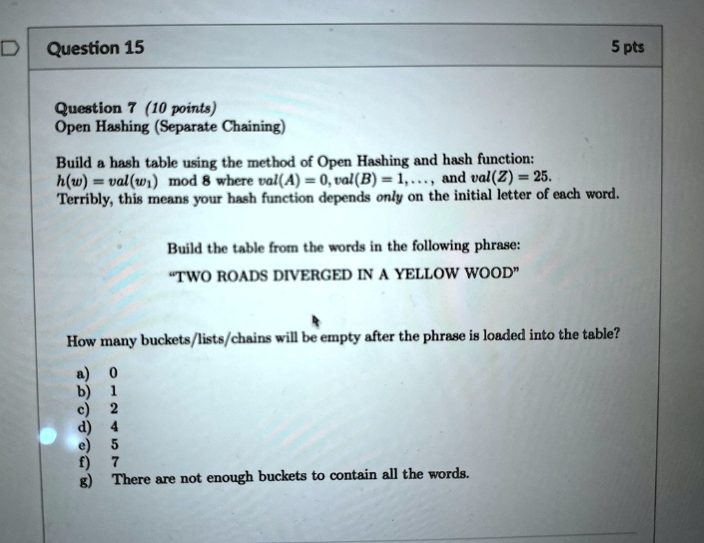 question 15 question 7 10 points open hashing separate chaining build a hash table using the method of open hashing and hash function hw valw1 mod 8 where vala 0 valb 1 and valz 25 terribly 50975