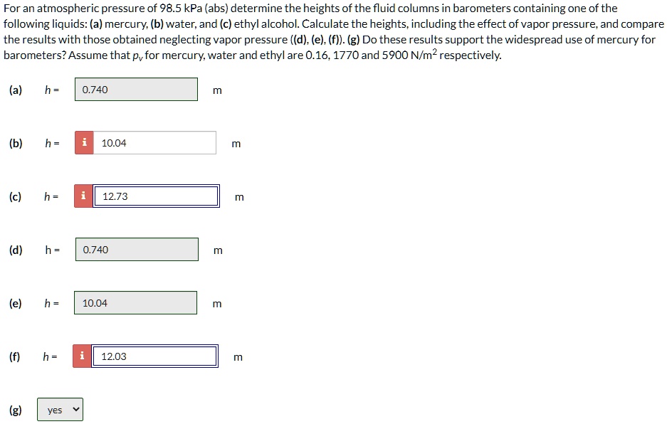 SOLVED For an atmospheric pressure of 98.5 kPa (abs), determine the