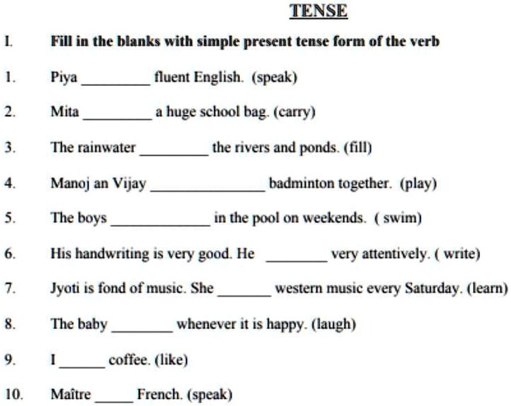 fill in the blanks with simple present tense from the verbs pls tense ...