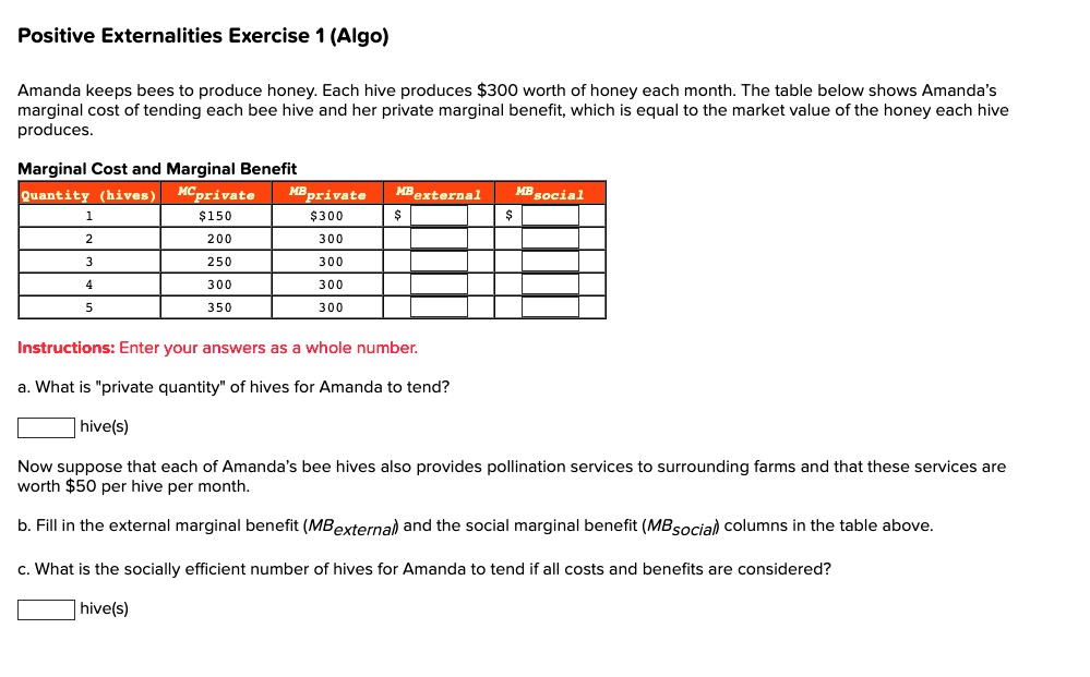 SOLVED Positive Externalities Exercise 1(Algo) Amanda keeps bees to