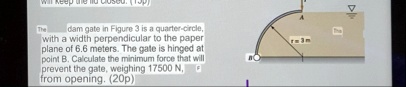 will keep the lid closed 15p the dam gate in figure 3 is a quarter circle with a width perpendicular to the paper plane of 66 meters the gate is hinged at point b calculate the minimum force 98752