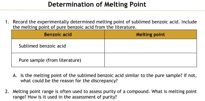Determination of Melting Point
1. Record the experimentally determined melting point of sublimed benzoic acid. Include the melting point of pure benzoic acid from the literature.
Benzoic acid	Melting point
Sublimed benzoic acid	
Pure sample (from literature)	
A. Is the melting point of the sublimed benzoic acid similar to the pure sample? If not, what could be the reason for the discrepancy?
2. Melting point range is often used to assess purity of a compound. What is melting point range? How is it used in the assessment of purity?