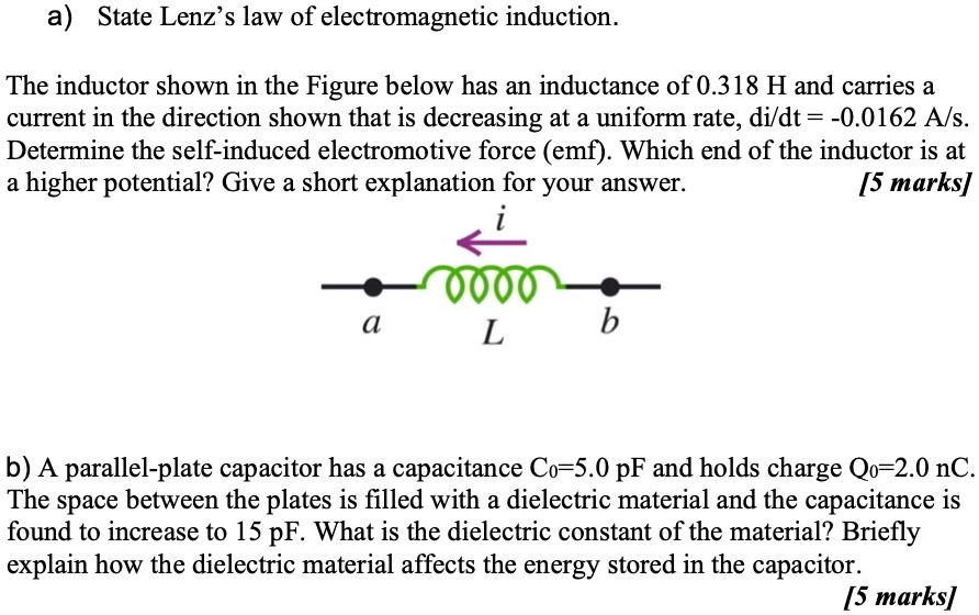 a) State Lenz's law of electromagnetic induction. The inductor shown in ...