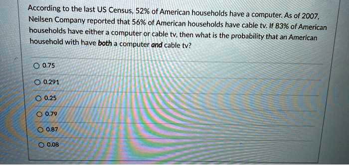 According to the last US Census, 52% of American households have a computer. As of 2007, Neilsen Company reported that 56% of American households have cable tv. If 83% of American households have either a computer or cable tv, then what is the probability that an American household with have both a computer and cable tv?
0.75
0.291
0.25
0.79
0.87
0.08