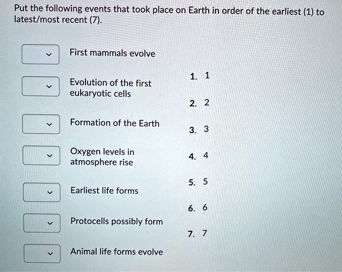 SOLVED: Put the following events that took place on Earth in order of the  earliest (1) to latest/most recent (7) First mammals evolve Evolution of  the first eukaryotic cells Formation of the