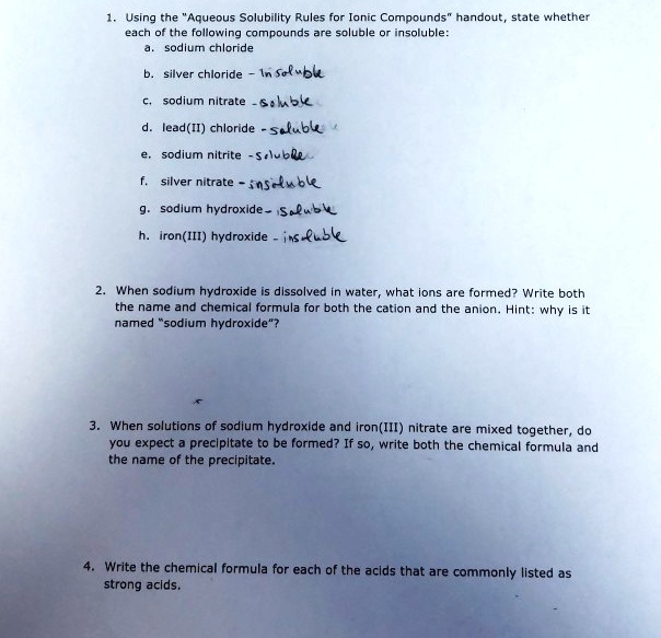 Using 'Aqueous Solubility Rules for Ionic Compounds' handout, state