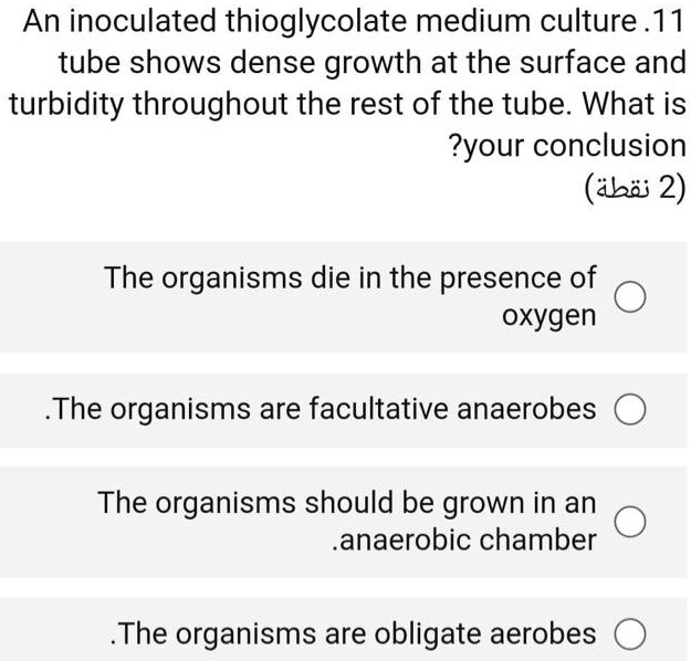 An inoculated thioglycolate medium culture tube shows dense growth at the surface and turbidity throughout the rest of the tube. What is your conclusion?
The organisms die in the presence of oxygen
The organisms are facultative anaerobes
The organisms should be grown in an anaerobic chamber
The organisms are obligate aerobes