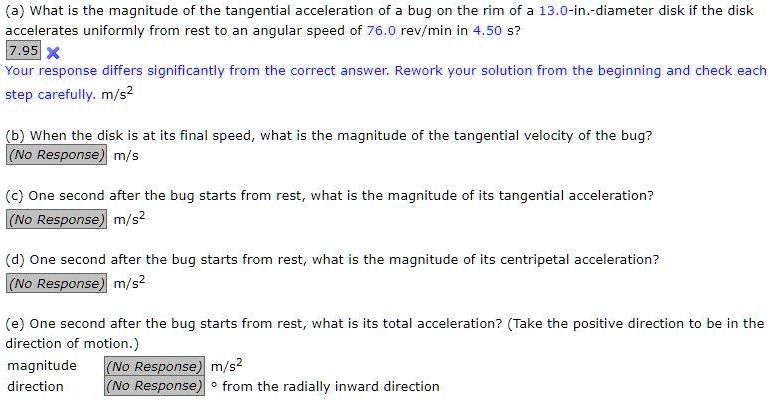 a what is the magnitude of the tangential acceleration of a bug on the