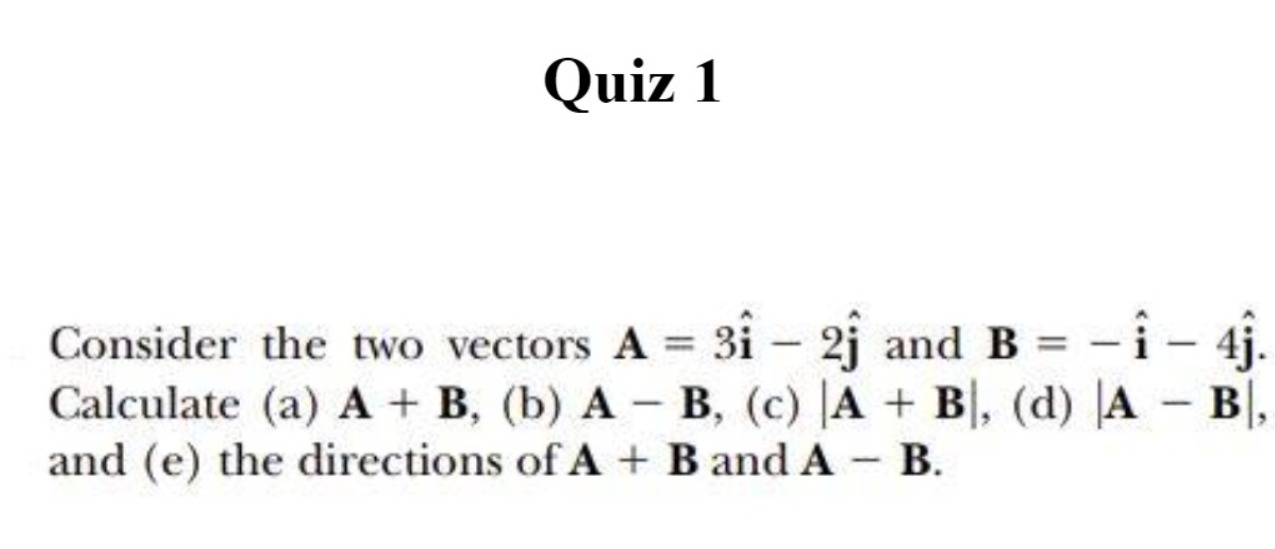 SOLVED: Quiz 1 Consider the two vectors 𝐀=3 𝐢̂-2 𝐣̂ and 𝐁=-𝐢̂-4 𝐣̂ ...