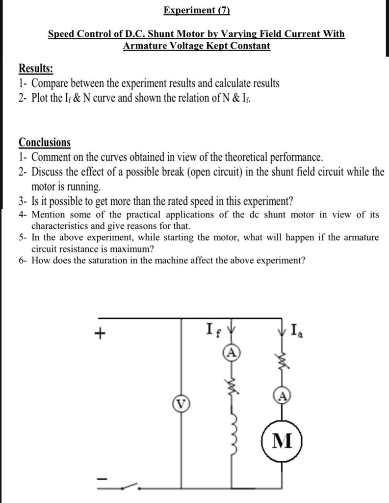SOLVED Experiment (7) Speed Control of D.C. Shunt Motor by Varying