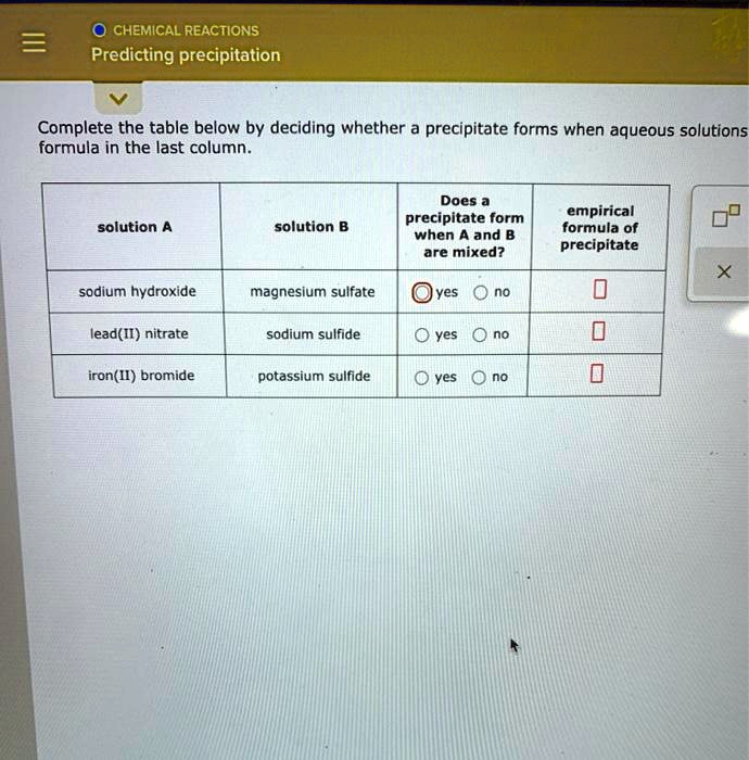 SOLVED CHEMICAL REACTIONS Predicting precipitation Complete the table