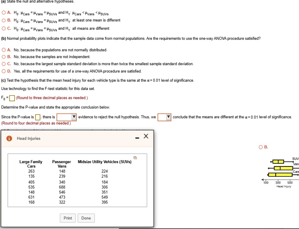 Solved A State Tne Null Ano Altematnve Nypotneses 0a Ho Hcars Hvans Hsuvs And Hy Hcars Hvans Hsuvs 0 B Ho Icars Hvans Hsuvs Andh At Least One Mean I3 Different C Ho