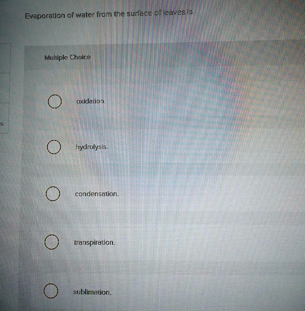 Evaporation of water from the surface of leaves is Multiple Choice ...