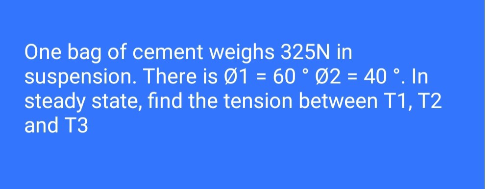 One bag of cement weighs 325  N in suspension. There is ∅ 1=60^∘∅ 2=40^∘. In steady state, find the tension between T1, T2 and T3