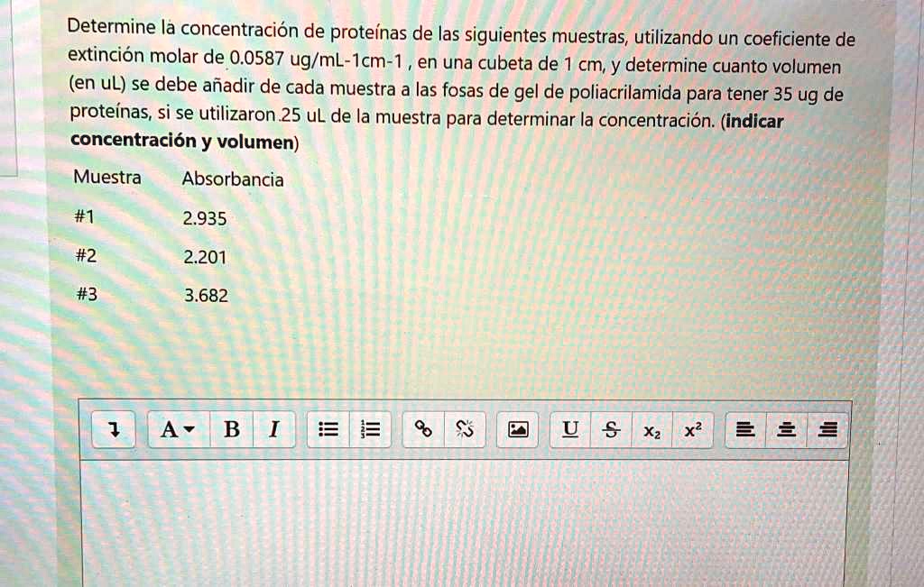 SOLVED evolution determines the protein concentration of the following samples, using a molar