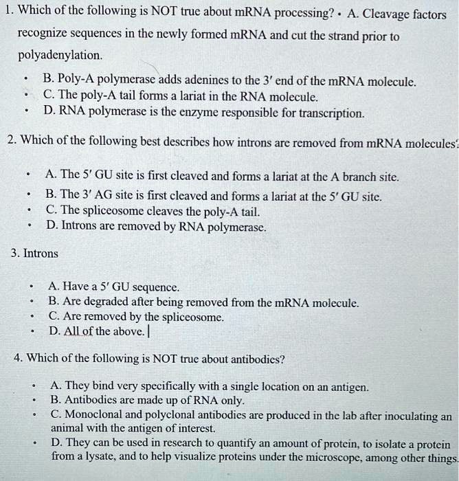 SOLVED: [.Which of the following is NOT true about mRNA processing? A ...