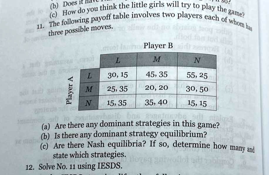 (b) Does it
(c) How do you think the little girls will try to play the game?
11. The following payoff table involves two players each of whom has
three possible moves.
Player A
Player B
L
M
N
L
30, 15
45, 35
55, 25
M
25, 35
20, 20
30, 50
N
15, 35
35, 40
15, 15
(a) Are there any dominant strategies in this game?
(b) Is there any dominant strategy equilibrium?
(c) Are there Nash equilibria? If so, determine how many and
state which strategies.
12. Solve No. 11 using IESDS.