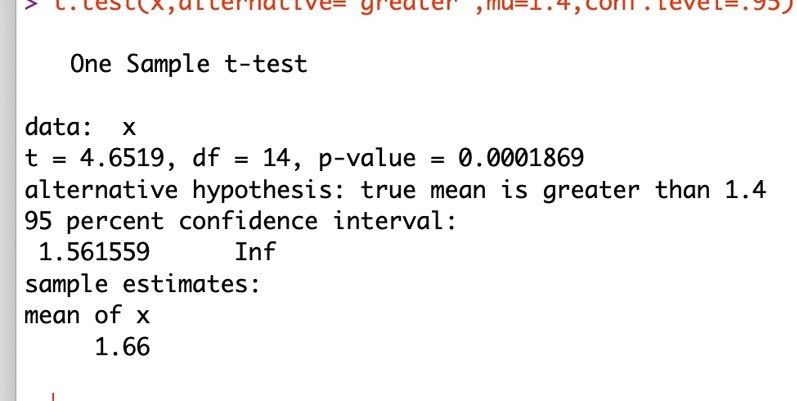 > t.test(x,alternative= 'greater' ,mu=1.4,conf.level=.95)

One Sample t-test

data: x
t = 4.6519, df = 14, p-value = 0.0001869
alternative hypothesis: true mean is greater than 1.4
95 percent confidence interval:
 1.561559 Inf
sample estimates:
mean of x
 1.66