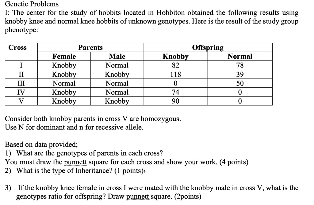 Genetic Problems
I: The center for the study of hobbits located in Hobbiton obtained the following results using
knobby knee and normal knee hobbits of unknown genotypes. Here is the result of the study group
phenotype:
Cross
Parents
Offspring
Female
Male
Knobby
Normal
I
Knobby
Normal
82
78
II
Knobby
Knobby
118
39
III
Normal
Normal
0
50
IV
Knobby
Normal
74
0
V
Knobby
Knobby
90
0
Consider both knobby parents in cross V are homozygous.
Use N for dominant and n for recessive allele.
Based on data provided;
1) What are the genotypes of parents in each cross?
You must draw the punnett square for each cross and show your work. (4 points)
2) What is the type of Inheritance? (1 points)>
3) If the knobby knee female in cross I were mated with the knobby male in cross V, what is the
genotypes ratio for offspring? Draw punnett square. (2points)