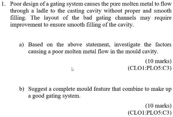 SOLVED: Poor design of a gating system causes the pure molten metal to ...