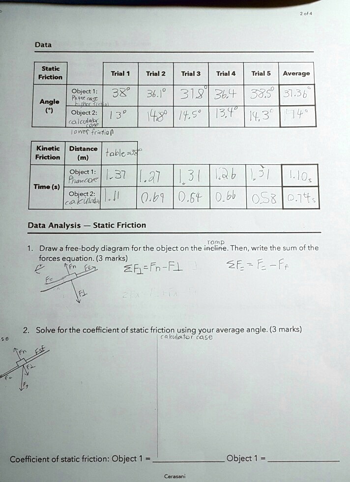 Data
Static Friction Trial 1 Trial 2 Trial 3 Trial 4 Trial 5 Average
Angle (°) Object 1: Phone case higher friction 38° 36.1° 31.8° 36.4° 38.5° 37.36°
Object 2: calculator case lower friction 13° 14.8° 14.5° 13.4° 14.3° 17.4°
Kinetic Friction Distance (m) table=38°
Time (s) Object 1: Phonecase 1.37 1.27 1.31 1.26 1.31 1.10s
Object 2: calculator 1.11 0.69 0.54 0.66 0.58 0.74s
Data Analysis - Static Friction
1. Draw a free-body diagram for the object on the ramp incline. Then, write the sum of the forces equation. (3 marks)
?F?=Fn-F?
?F?=F?-Ff
2. Solve for the coefficient of static friction using your average angle. (3 marks)
calculator case
Coefficient of static friction: Object 1 =  Object 1 = 
Cerasani