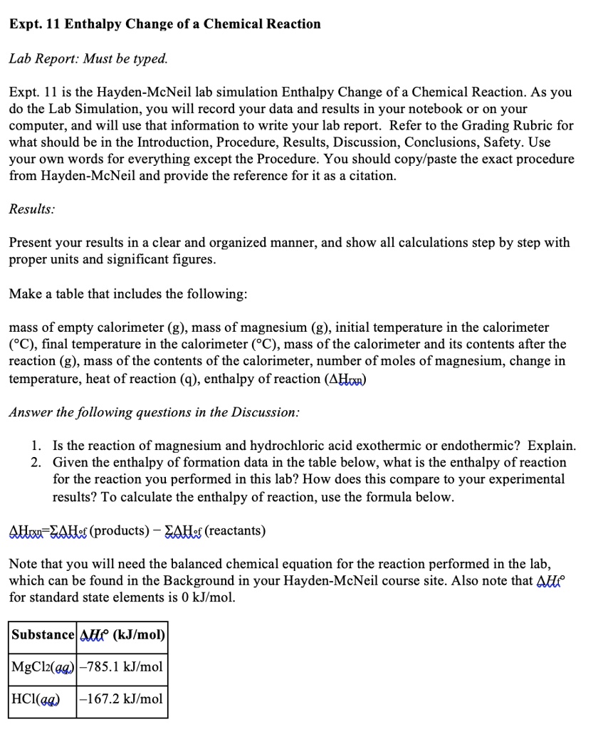 experiment 11 enthalpy of reaction procedure