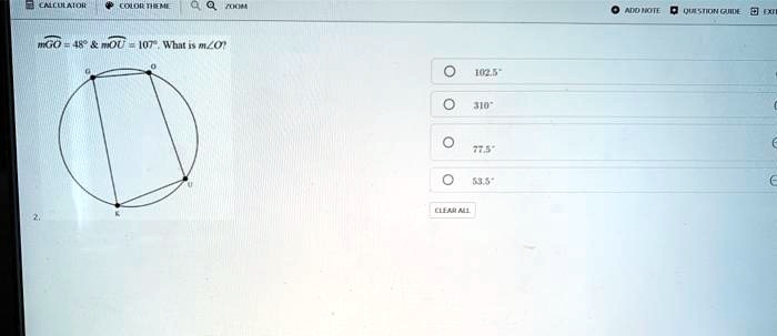 mGO = 48°     mOU = 107°. What is m?O?
102.5°
310°
77.5°
53.5°