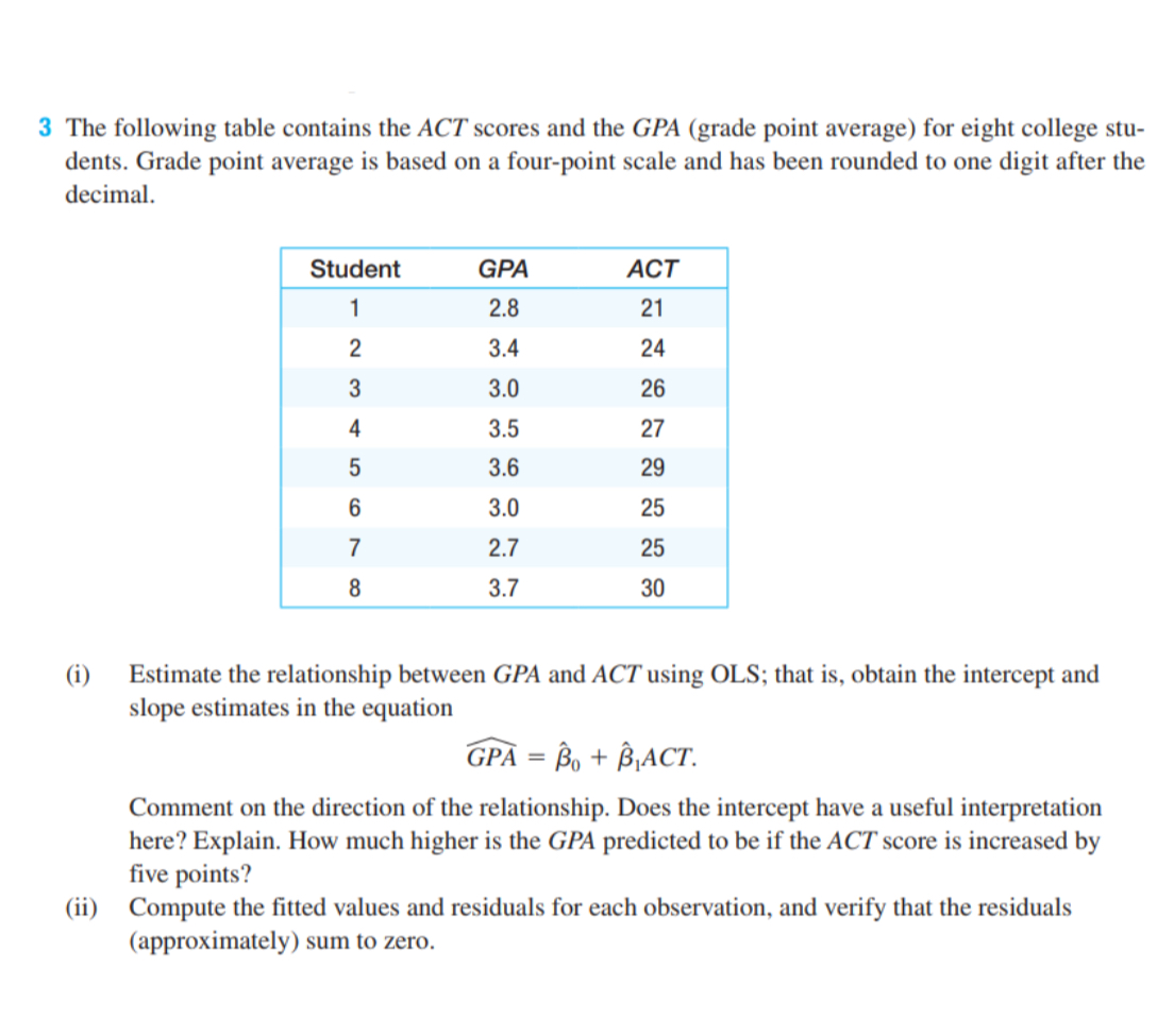 SOLVED 3 The following table contains the A C T scores and the GPA