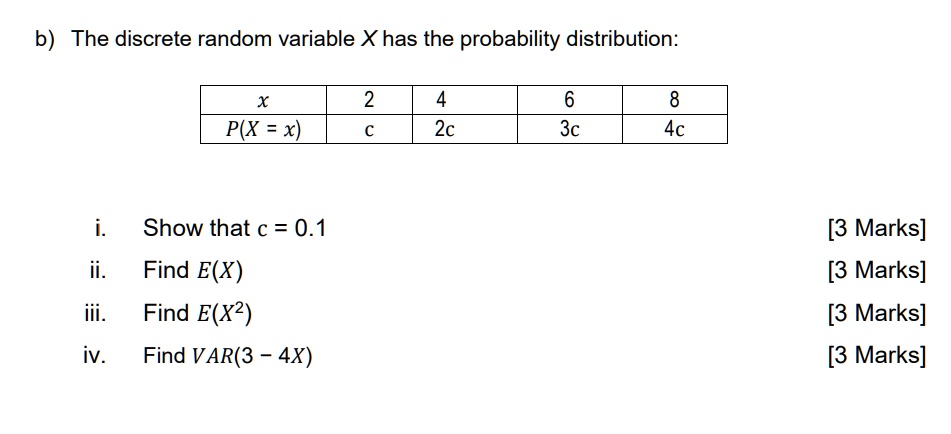b the discrete random variable x has the probability distribution x px x 2 c 4 2c 6 3c 8 4c i show that c 01 3 marks ii find ex 3 marks iii find ex2 3 marks iv find var3 4x 3 marks 18909