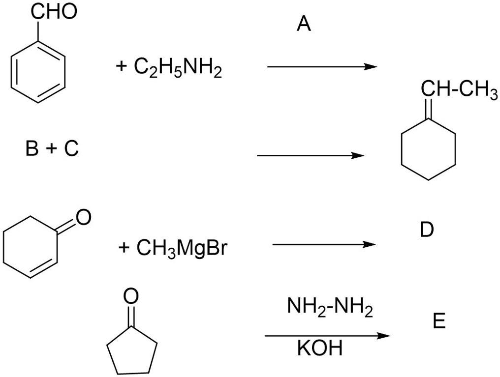 SOLVED: Identify A,B,C, D, and E CHO A + C2H5NH2 CH-CH3 B+C D + CH3MgBr ...