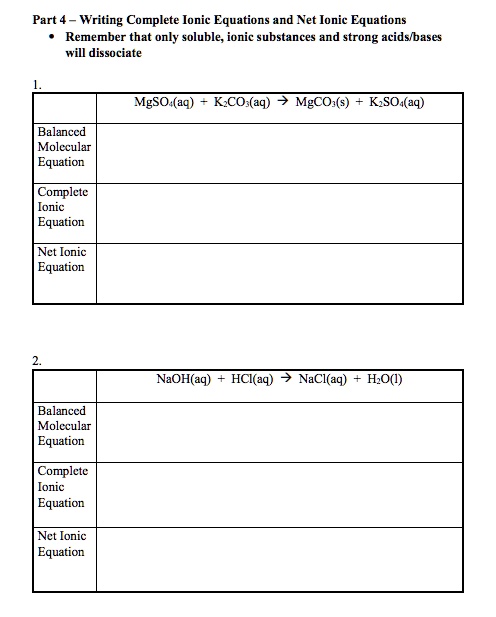 SOLVED: Part = Writing Complete Ionic Equations and Net Ionic Equations ...