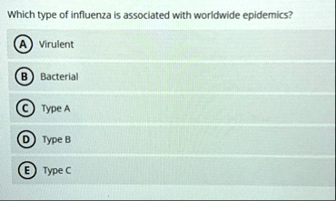 which type of influenza is associated with worldwide epidemics a virulent b bacterial c type a d type b e type c 47466