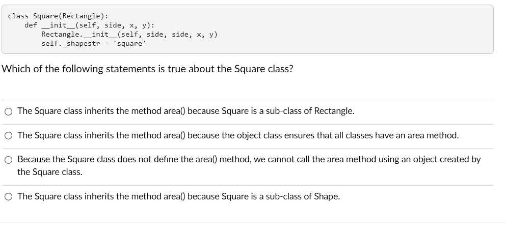 Day Method Sub Rectangle class Square( Rectangle) def init (self side, y) : Rectangle init (self ...